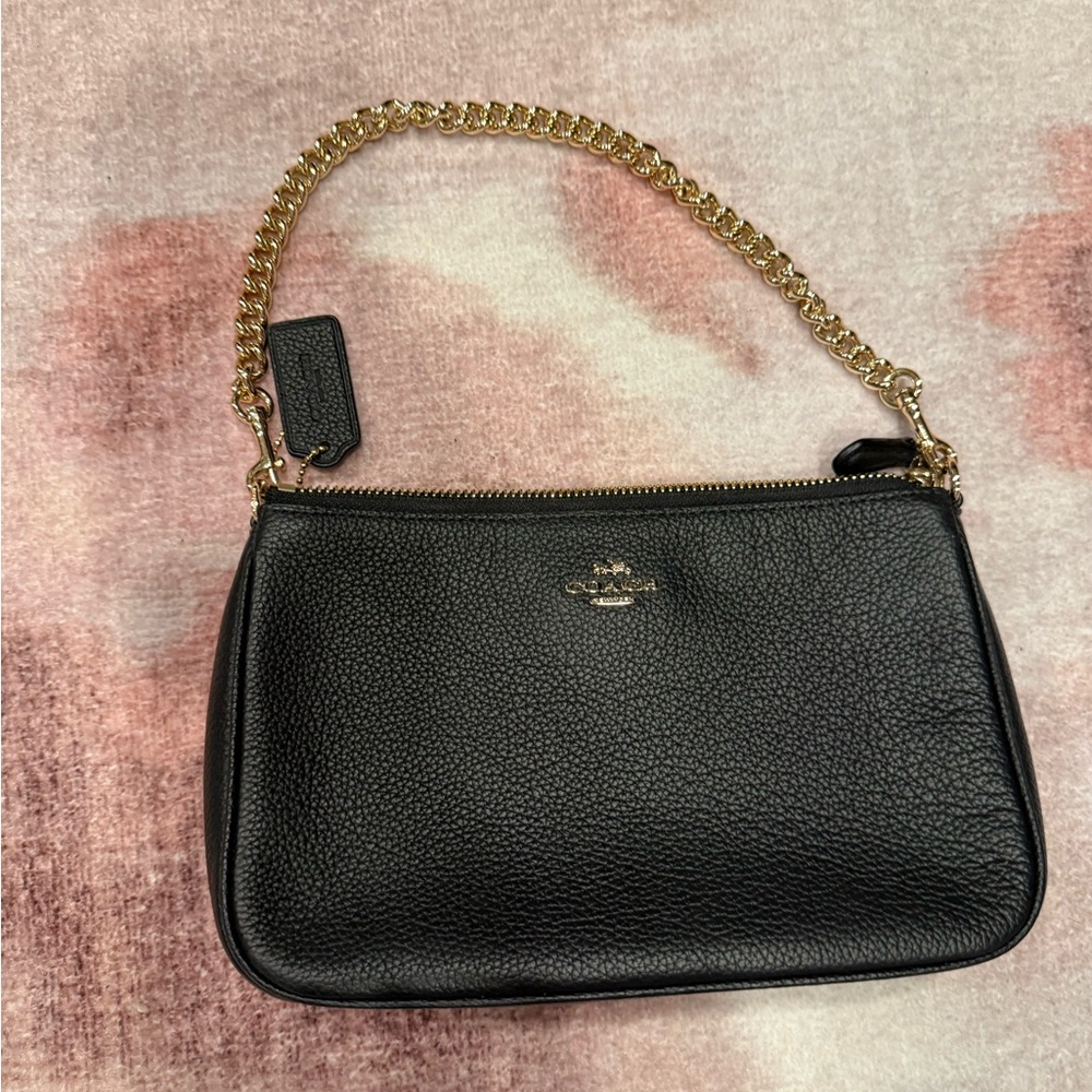 Coach Black Pebbled Leather Shoulder Bag with Gold Chain